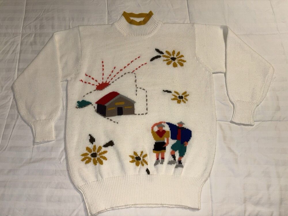Vintage 80s Crystal Sportswear Sweater Arpillera Artwork womens medium